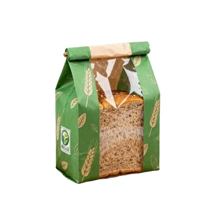 Custom Pre Printed Grain Pattern Kraft Paper Clear Window Tin Tie Top Bag Moistureproof Whole Wheat Toast Packaging Bag