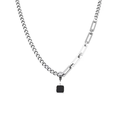 AA017639 Titanium Steel Chain Splicing Necklace for Men Simple Black Square Pendant Clavicle Chain Trendy Style for Gifts