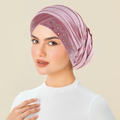 Luxury Velvet Turban Hat with Rhinestones Soft Stretch Beanie Headwrap for Women Islamic Hijab & Fashion Headwear
