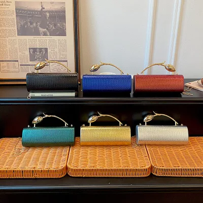 Weave Pattern Round Box Type Evening Clutch Bags for Women Luxury Designer Handbags Metal Tulip Handle Chain Shoulder Purses