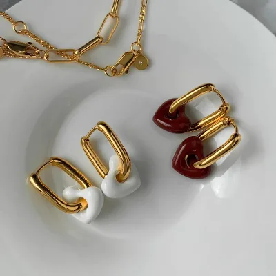 Vintage Heart Hoop Earrings Gold Plated Stainless Steel Colorful Enamel Drip Oil Heart Drop Earrings for Women