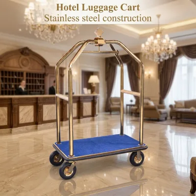 EASTON Luxury Gold Chrome Hotel Luggage Cart Bellman Trolley with Hanging Bar and 8 Inch Pneumatic Wheels 200kg Capacity