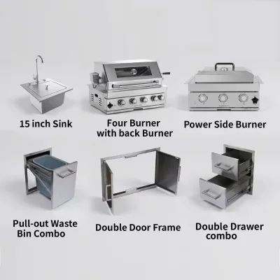 US Stock Luxury 304 Stainless Steel 4 Burner Gas Grill with Sink and Side Burner Modular Patio Built in Outdoor Kitchen Kit