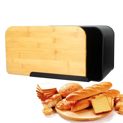 Customized Wholesale Metal Bread Box Food Storage Bin Container Iron Metal Kitchen Container with Bamboo Lid