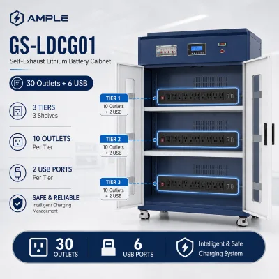 Lithium Battery Charging Storage Cabinet Self Exhaust Steel Double Door 30 Outlets 6 USB for Laboratory Factory Warehouse B2B