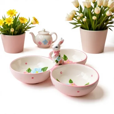 Easter Ceramic Relief Hand-drawn Quanzhou-made Three-compartment Bowl Creative Cute Rabbit Chick Design Household Snack Plate