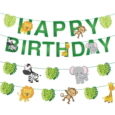 34pcs Jungle Animals Leaves Happy Birthday Banner Decoration Set for Woodland Garland Forest Theme Birthday Festival Party