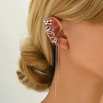 Lab Grown Diamond Ear Cuff with Chain Geometric Design Copper Find Imitation Pearl Zircon Fashionable Hoop Earrings