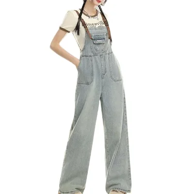 Women's Korean Denim Wide Leg Overalls Summer Slim High Waists Loose Age-reducing Floor Length Denim Overalls