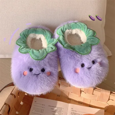 XIXITIAO Hot Sale Kids Plush Slippers Tomato Eggplant Warm Non-Slip House Shoes for Boys Girls Closed Back Toddler Slides