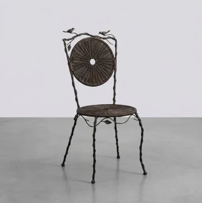 Small Space Outdoor Bistro Set Whimsical Bird Motif Wicker Furniture Rattan Casted Irion Chair