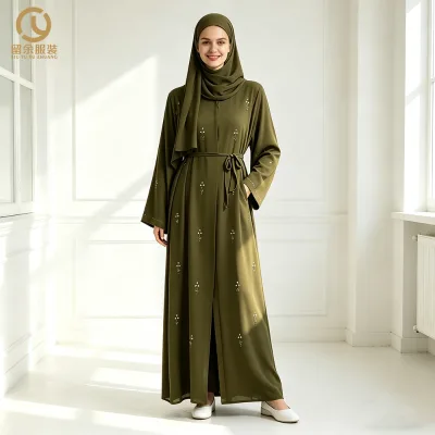 Khaki Chiffon Open Abaya with Dainty Floral Embellishments Casual Style Natural Waistline Breathable Anti-Static Sustainable