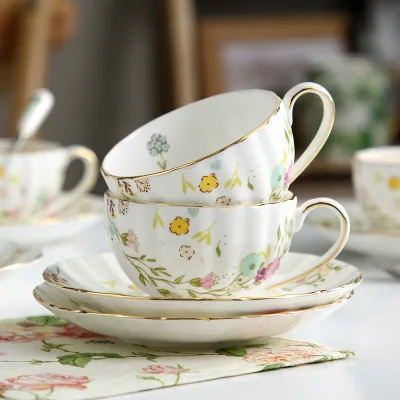 Nordic Pastoral Style Ceramic Tea Cup Saucer Set British Gold Edge Includes Spoon for Afternoon Tea Wholesale Supply