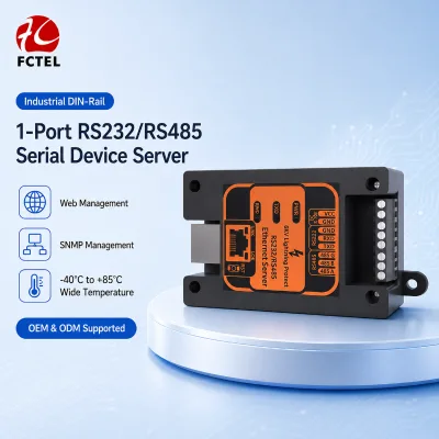 Industrial Grade Serial Server RS232 RS485 to 100M Ethernet DIN Rail with Modbus TCP 6KV Surge