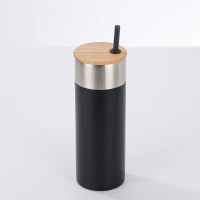 304 Stainless Steel Straw Cup Car Thermos Mug Portable 20oz/600ml Straight Tumblers with Bamboo Cover Lid