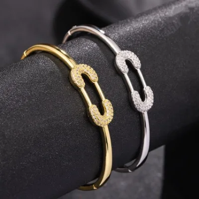 Wholesale Luxury Stainless Steel 18K Gold Plated Zircon Safe Pins Cuff Geometric Bracelet for Women Designer Birthday Gift