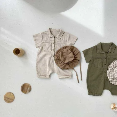 INS Trendy 2024 Summer Baby Romper Summer Short Sleeve Cotton Linen Cargo Style Onesie Crawling Suit