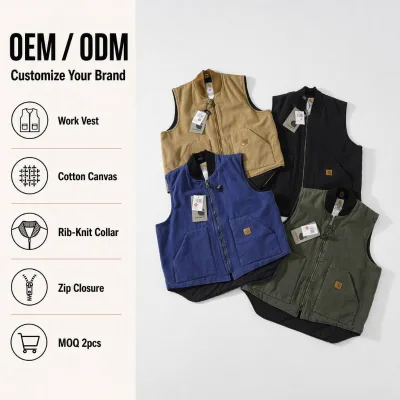 Wholesale Men Cotton Canvas Work Vest Rib Knit Collar Zip Lined Waistcoat Vintage Sleeveless Jacket Custom Logo