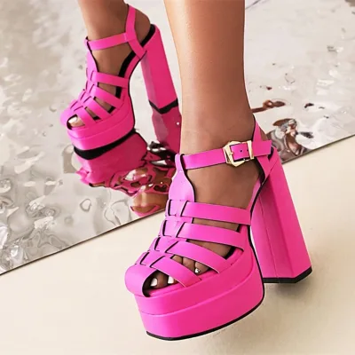 Solid Braiding Buckle Strap Square Toe Sandals Summer Solid Fashion Shoes for Women Block Heel Shoes Platform Gladiator 48