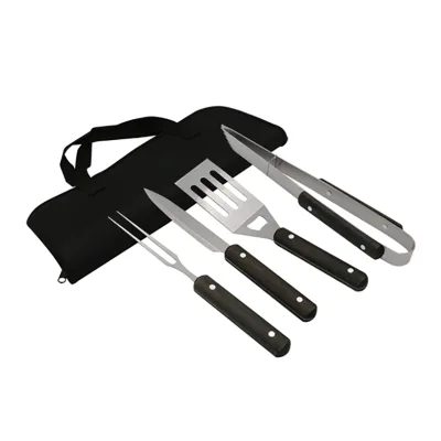 Black BBQ Tongs Fork Knife Slotted Spatula Tools Set Bottle Opener with Wooden Handle Carry Bag Portable Camping Accessories