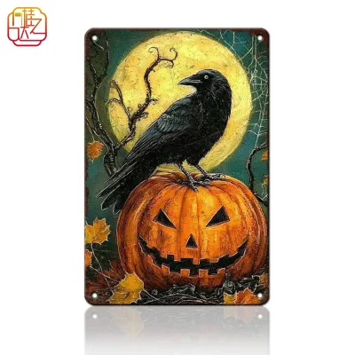 Halloween Pumpkin Retro logo Watercolor Crow Metal Tin Sign Is Suitable for Home Bars, Kitchens, Hotels, Restaurants, Cafes