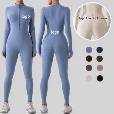 Tummy Control Slim Fit Gym Jumpsuit No Front Seam Workout Bodysuit Long Sleeves Half Zip Women Yoga Bodysuit