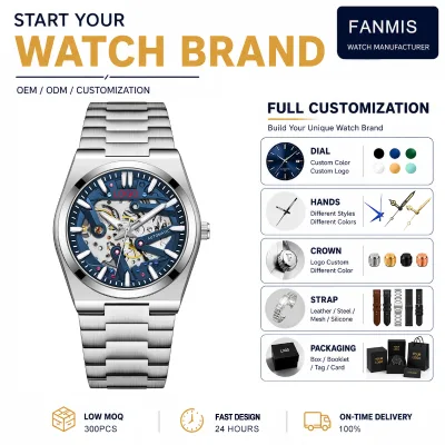 Custom Logo Men's Stainless Steel Automatic Mechanical Watch Full Skeleton BIg Dial Integrated Bracelet Wristwatch