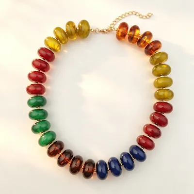 New Multicolor Resin Beaded Necklace Chunky Oval Beads Color Block Statement Jewelry Retro Boho Fashion Accessory