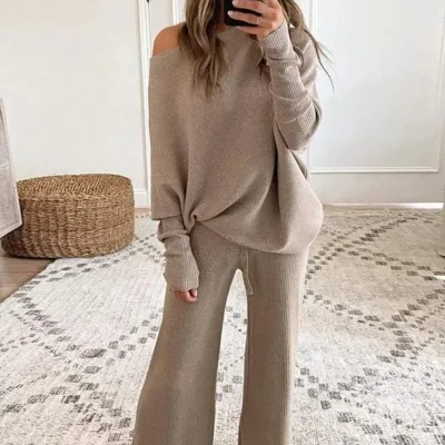 S-5XL Autumn Warm Knitted Pullovers Wide Legs Pants 2024 High Quality Plus Size Luxury Sweater Suits for Women