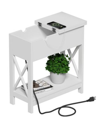 Wooden End Table with Charging Station, Narrow Flip Top Side Table with USB Ports & Power Outlets for Small Spaces
