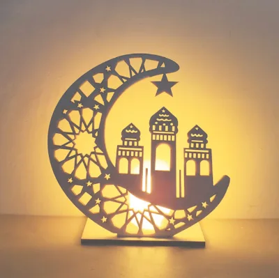 Eid Mubarak Ramadan Wooden Plaque Ornament with LED Candle Muslim Islam Moon Shape Table Eid Decoration
