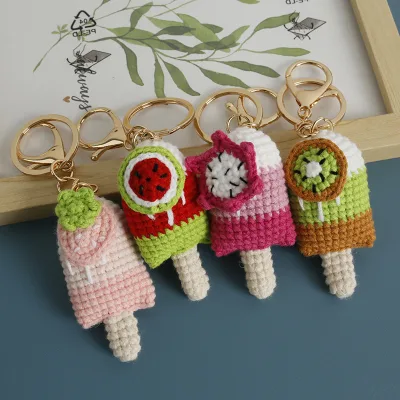 Sweet Fruit Ice Cream Crocheted Keychain Mini Handmade Knit Crochet Watermelon Kiwi Orange Strawberry Key Chain LceCream Keyring