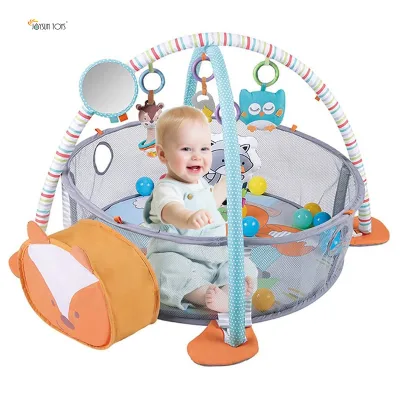 Non Toxic 3 in 1 Animal Gym Mat with Ball Pit Play Mat Baby Activity Play Gym Mat with Fence