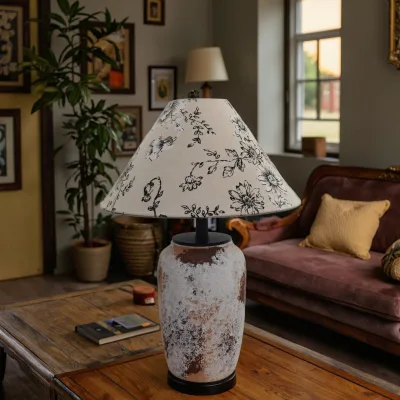 West Germany design vintage ceramic vase grey pottery vase lamp fabric shade