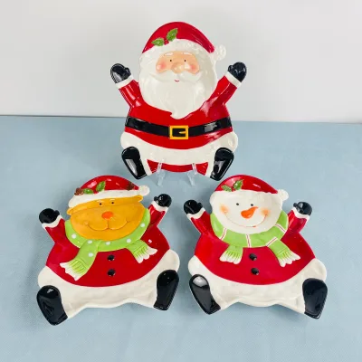 2025 Hand-Painted Ceramic 7" Jolly Santa Claus Plate with Raised Details Reindeer Snack Plate Snowman Cookie Plate