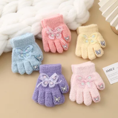Toddle Boy Girl Winter Warm Solid Five Fingers Gloves Wrist Warm Five-finger Baby Winter Gloves Kids Gloves With Butterfly