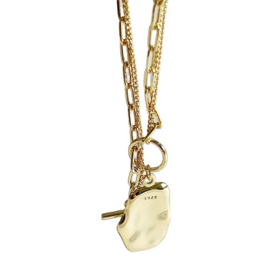 925 Silver Paperclip Toggle Clasp Collar Coin Pendant Long Chain Multi Layer Necklace