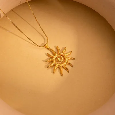 Vintage Retro 18K Gold Plated Sunflower Pendant Charm Irregular Stainless Steel Sun Necklace for Women and Men