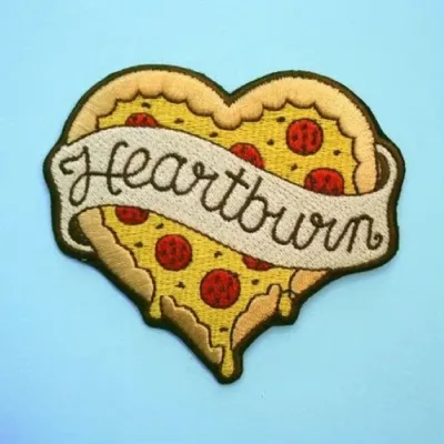 Heart Shaped Pepperoni Pizza Heartburn Embroidery Patch, Funny Food Slogan Applique for Jacket Backpack Snack Lover Streetwear