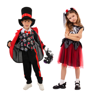Halloween Ghost Cosplay Black&Red Skull Dress Costume Dress Kid Carnival Party Performance Character Vampire Doomsday Outfits