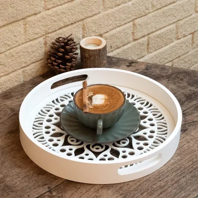 Factory Suppliers Nordic Wood Tray Creative Round White Solid Wood Tray Home Decoration Wooden Serving Tray with handles