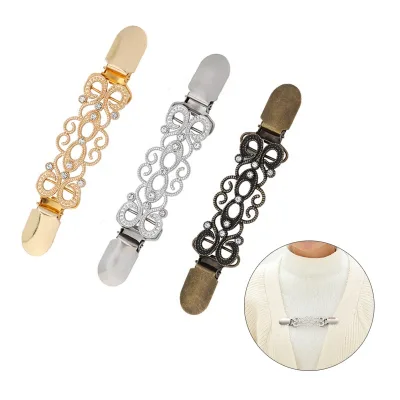 Supplier Custom Fashion Unique Rhinestone Shawl Pin Cardigan Collar Shirt Brooch Sweater Clip for Girls