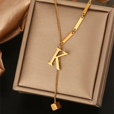 New Cross-border Stainless Steel Tassel Clavicle Bamboo Chain Women's Minimalist Necklace Featuring 26-Letter Engraving