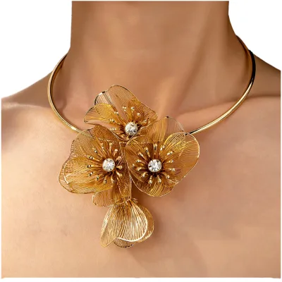 Flower Floral Decor Cuff Choker Necklace for Women Golden Color Flowery Statement Jewellery Luxury Diamond Punk Chains