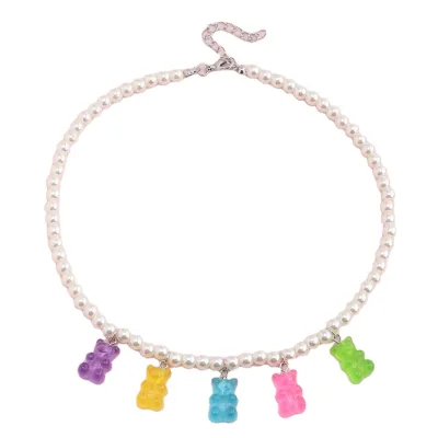 Fashion Imitation Pearl Necklace with Colorful Bear Pendant for Girls Single Layer Cute Charm Necklace Dress up Accessories