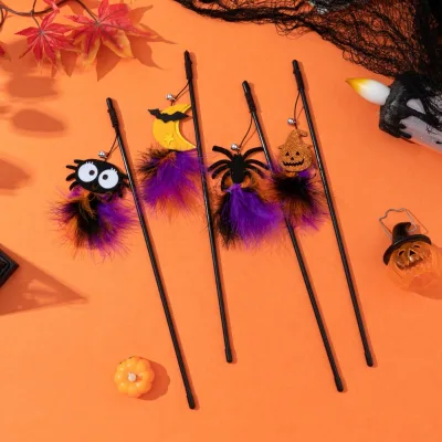 Halloween Interactive Cat Toy Plastic Spider and Pumpkin Cat Stick with Feathers