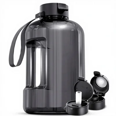 Gym Water Bottle with Straw Time Marker Large Size Lightweight Black Transparent Sports Bottles