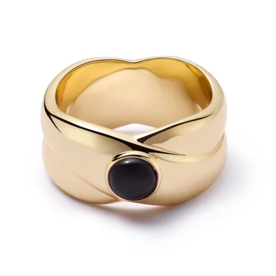 Gemnel Modern Jewelry Design Ladies 925 Sterling Silver 18K Gold Black Onyx Chunky Band Ring
