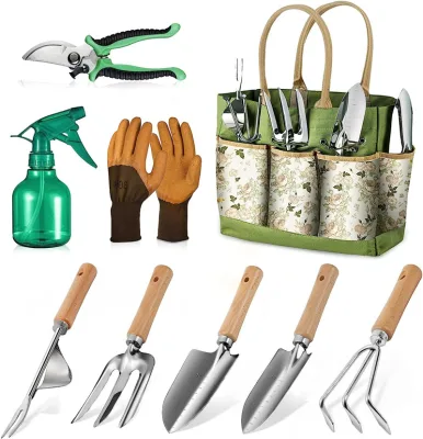 Stainless Steel Wooden-handled Nine-piece Garden Tool Set, Popular Worldwide for Its Quality and Durability.