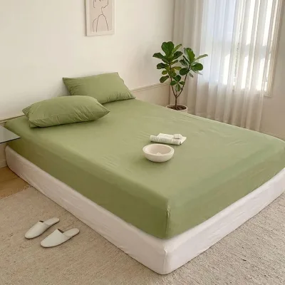 Washed Cotton Fitted Sheet Soft Breathable Bed Cover Elastic Edge Mattress Protector Minimalist Bedroom Decor